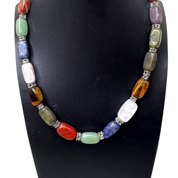 Multi Colored Gemstone Bead Necklace Tigers Eye Jade Polished Stones HEAVY 19" - Picture 1 of 8